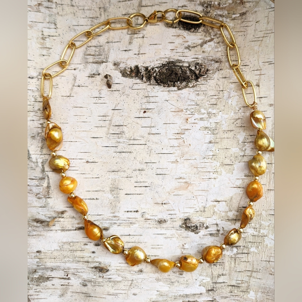 Natural Golden Yellow Irregular Baroque Pearl Necklace